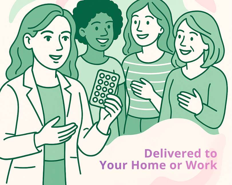 graphic of a doctor holding a sheet of tablets with people standing nearby